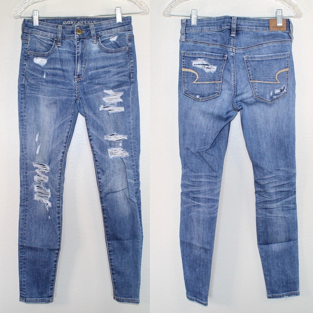 American Eagle Super Stretch X High Rise Medium Wash Distressed Jeans — Size 2